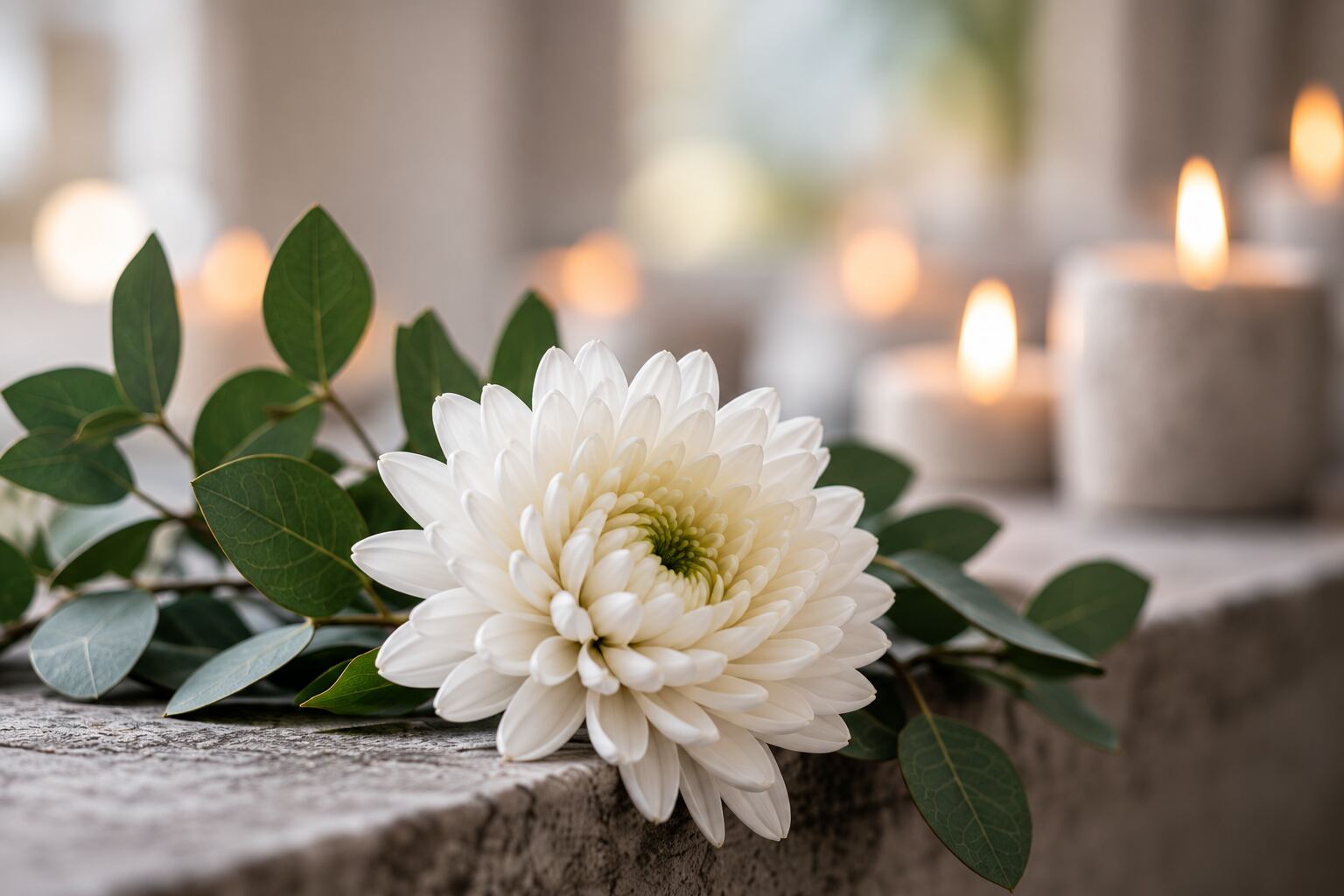 Witte chrysant en kaarslicht